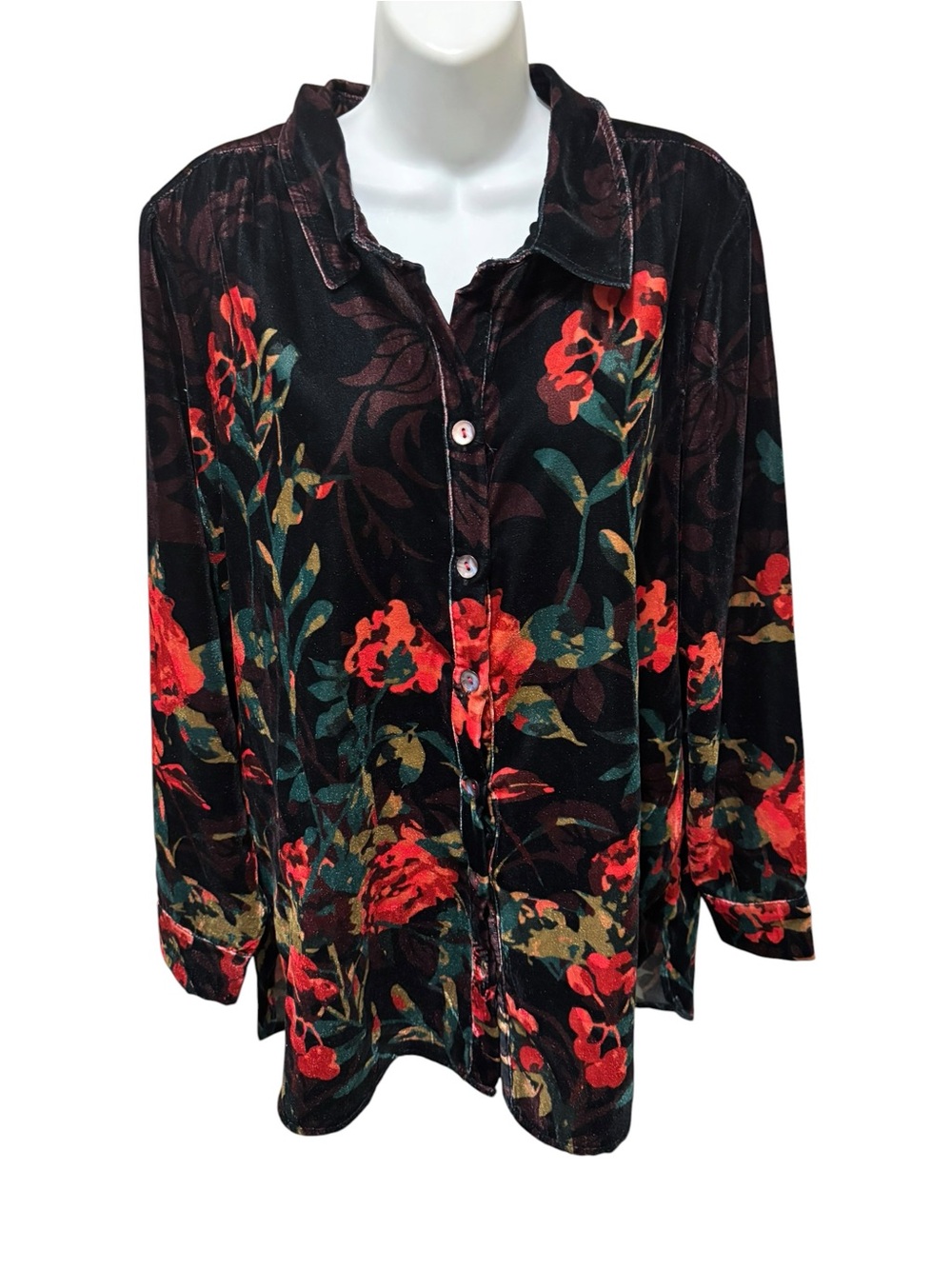 Soft Surroundings Jardim Shirt Sz XL Black Red Floral Velvet Button Down 2AR7